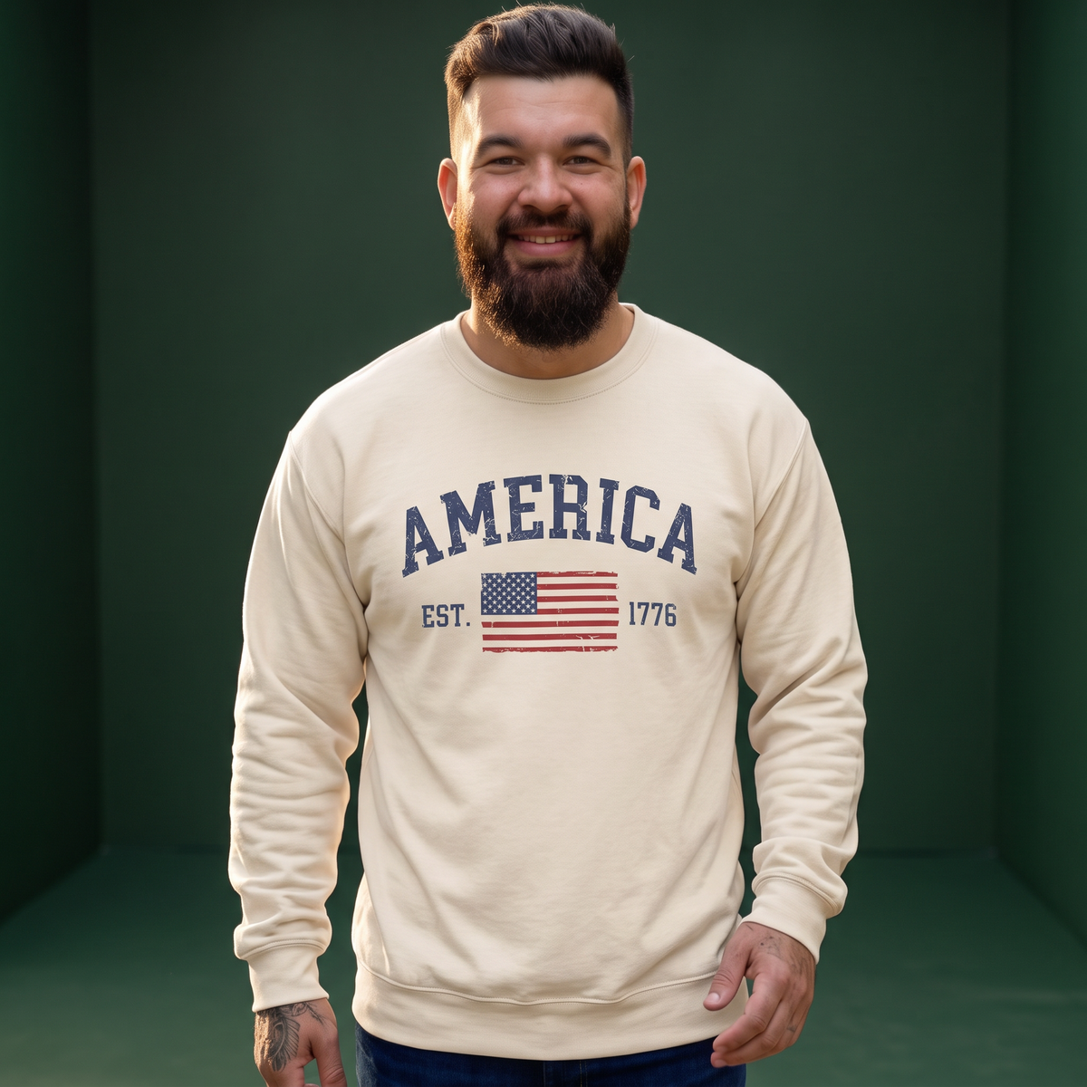 Crown N Thread cream crewneck sweatshirt with distressed America 1776 vintage flag print worn by a bearded man