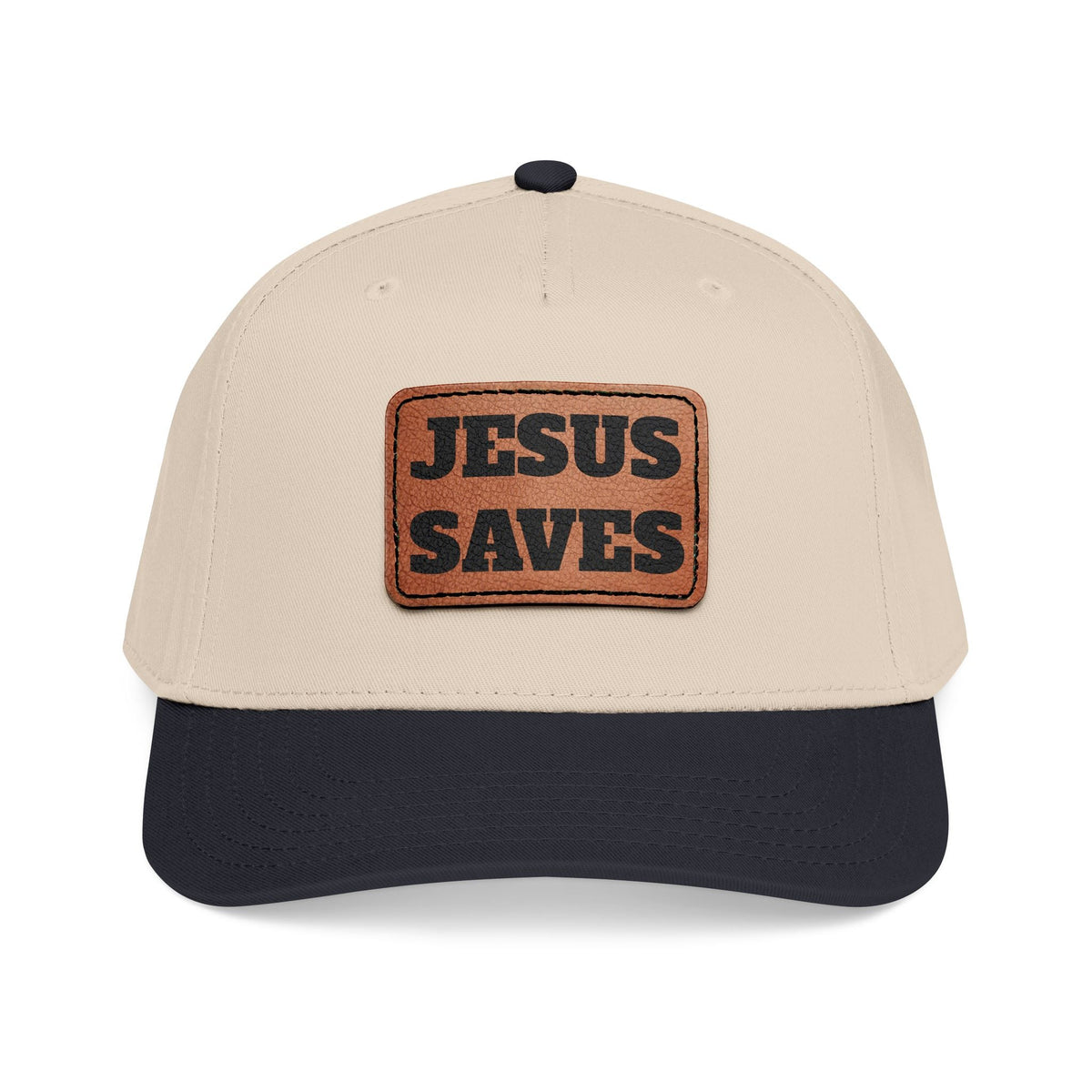 Crown N Thread baseball cap in beige and black with a light brown vegan leather patch featuring Jesus Saves text.