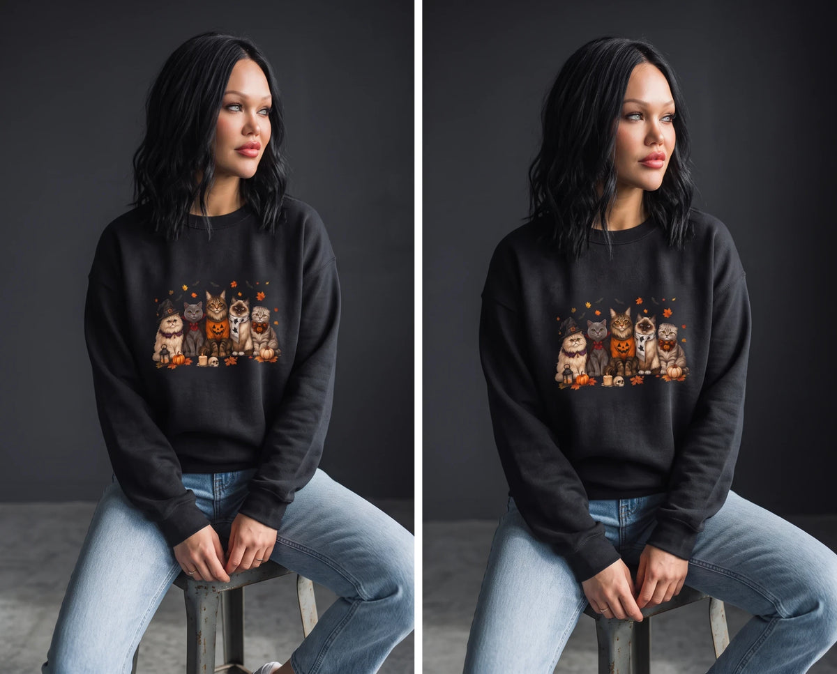Model wearing a Crown N Thread black crewneck sweatshirt featuring an embroidered autumn cat and pumpkin design.