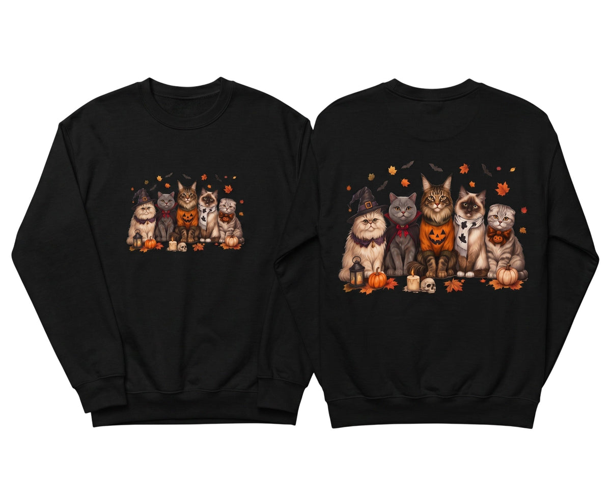 Crown N Thread black crewneck sweatshirt featuring embroidered cats with pumpkins and autumn leaves on front and back