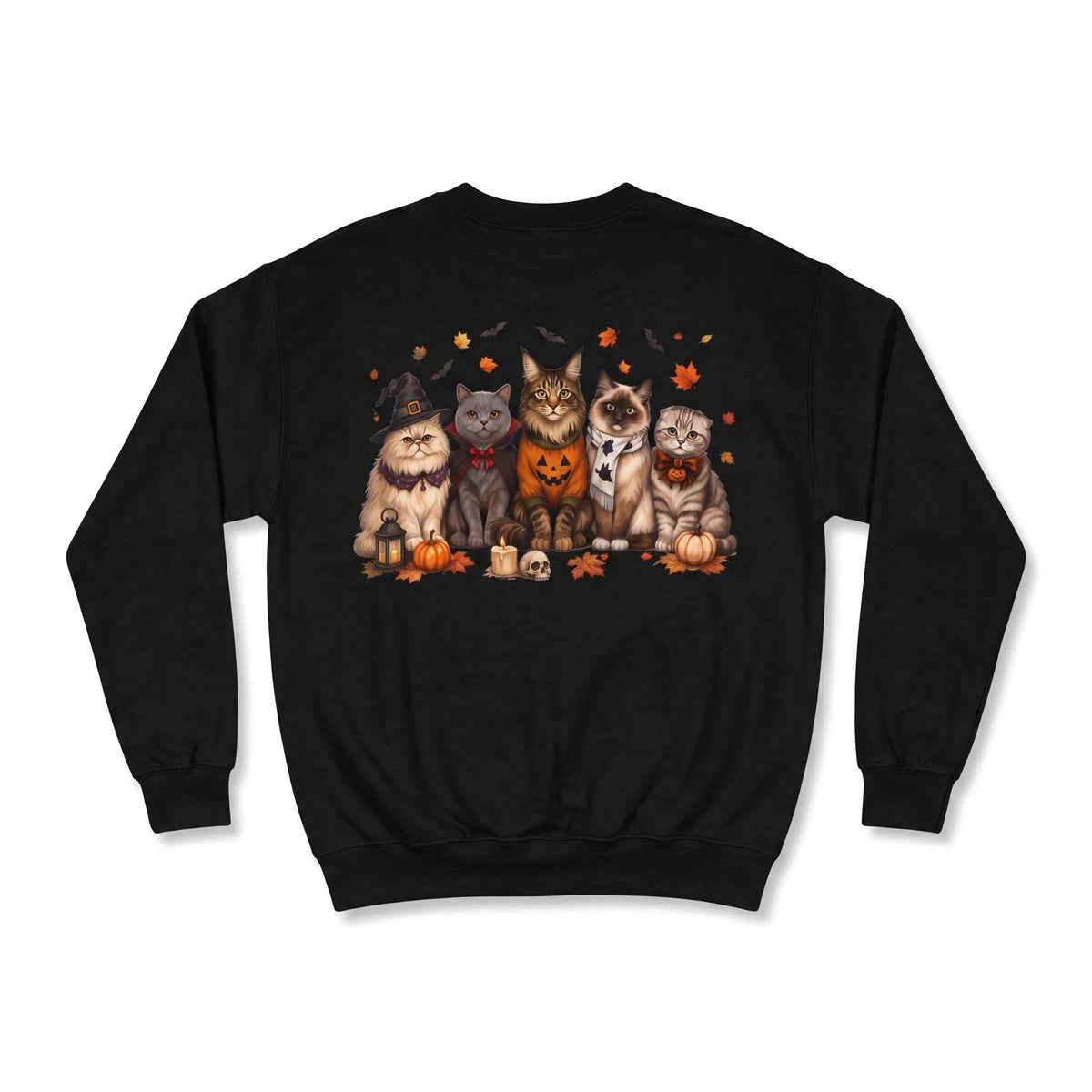 Crown N Thread black crewneck sweatshirt featuring an embroidered scene of five cats with pumpkins and autumn leaves.