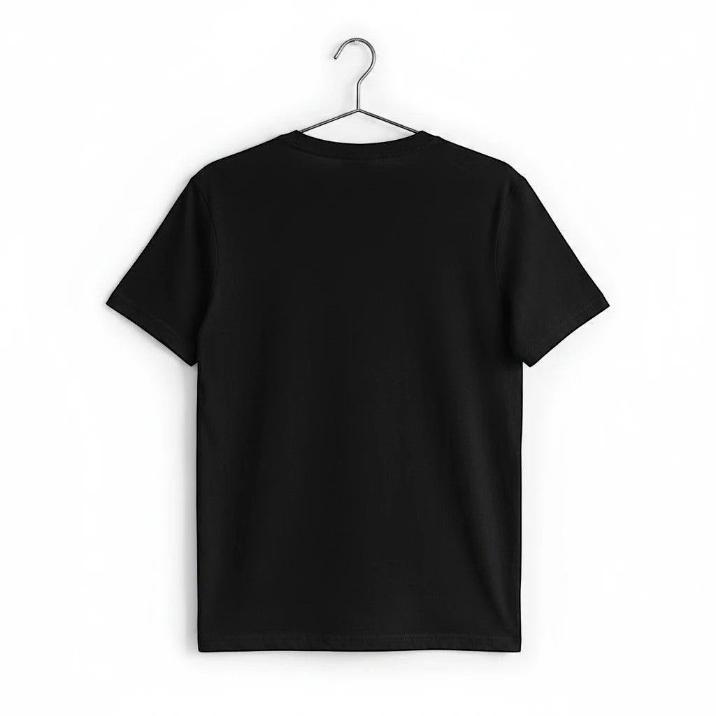 Crown N Thread black cotton t-shirt hanging on a metal hanger, showing the plain back view of the garment.