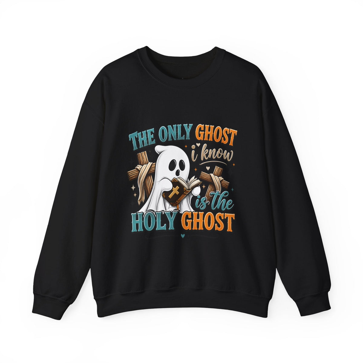 Crown N Thread black crewneck sweatshirt featuring a cute ghost reading a Bible in front of wooden crosses