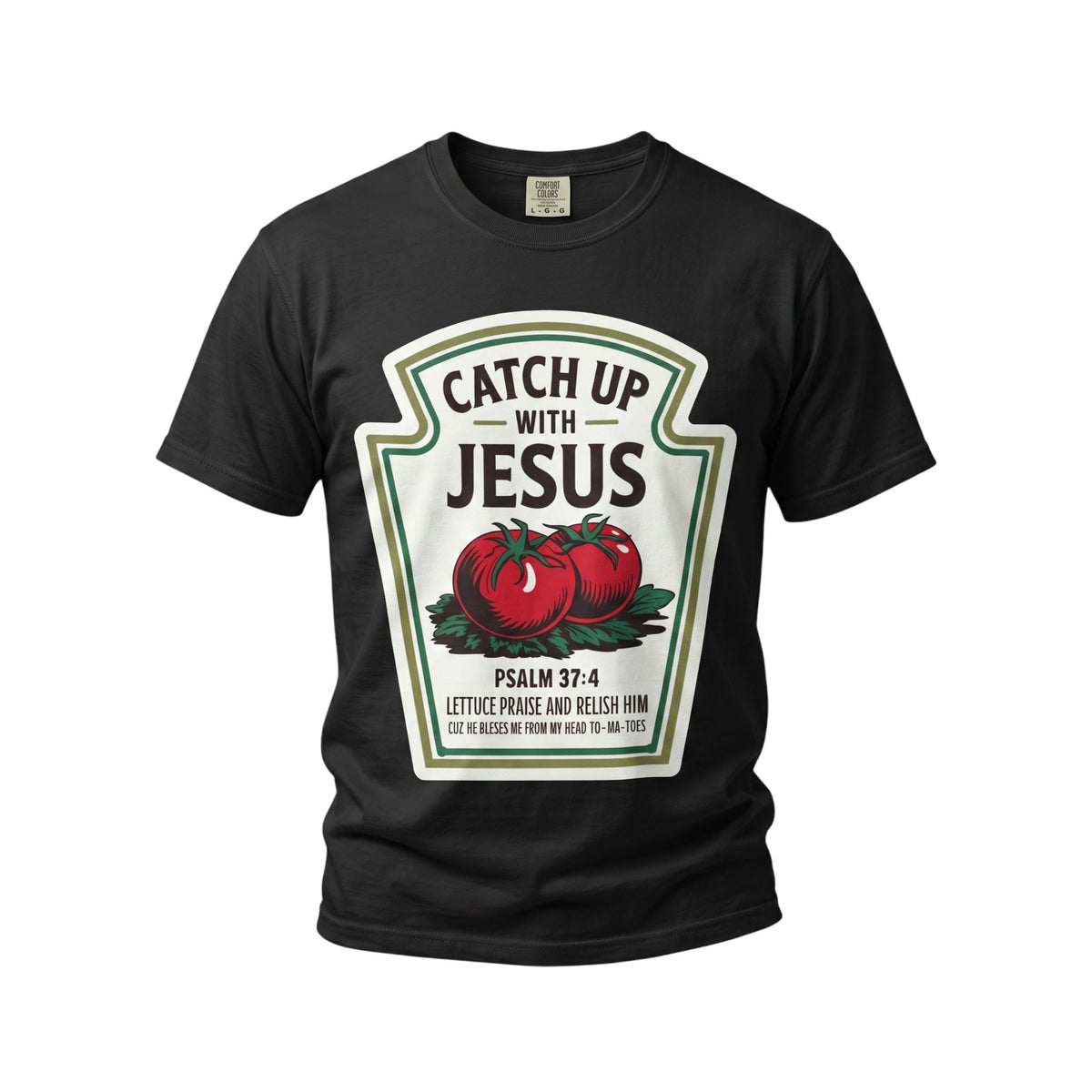 Crown N Thread black heavyweight cotton t-shirt featuring a vintage tomato graphic and Catch Up With Jesus text.
