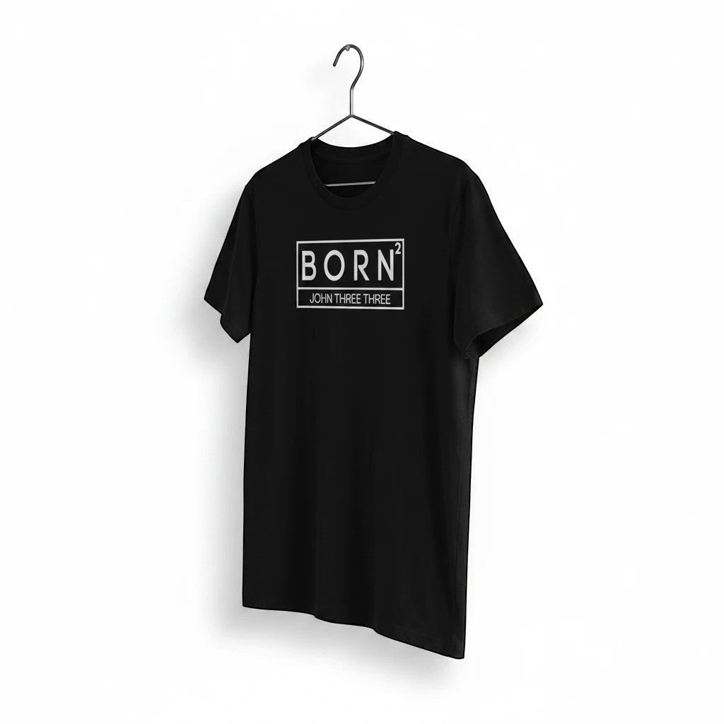 Crown N Thread black cotton graphic tee featuring a white BORN2 John Three Three box logo hanging on a metal hanger.