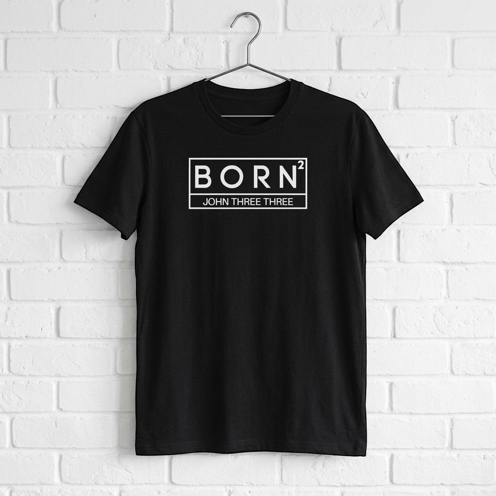 Crown N Thread black cotton graphic tee featuring a white BORN2 John Three Three box logo on a white brick background