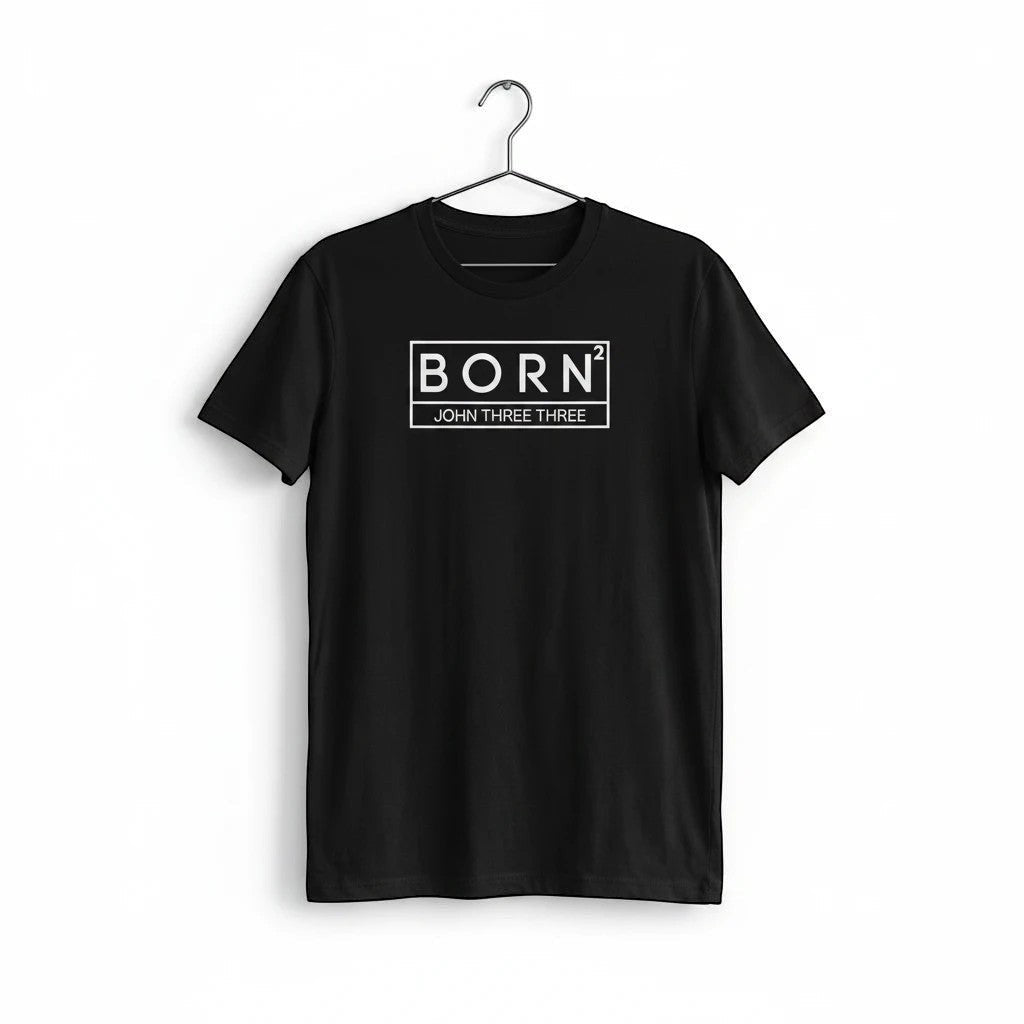 Crown N Thread black cotton graphic tee featuring a white BORN2 John Three Three box logo on a hanger