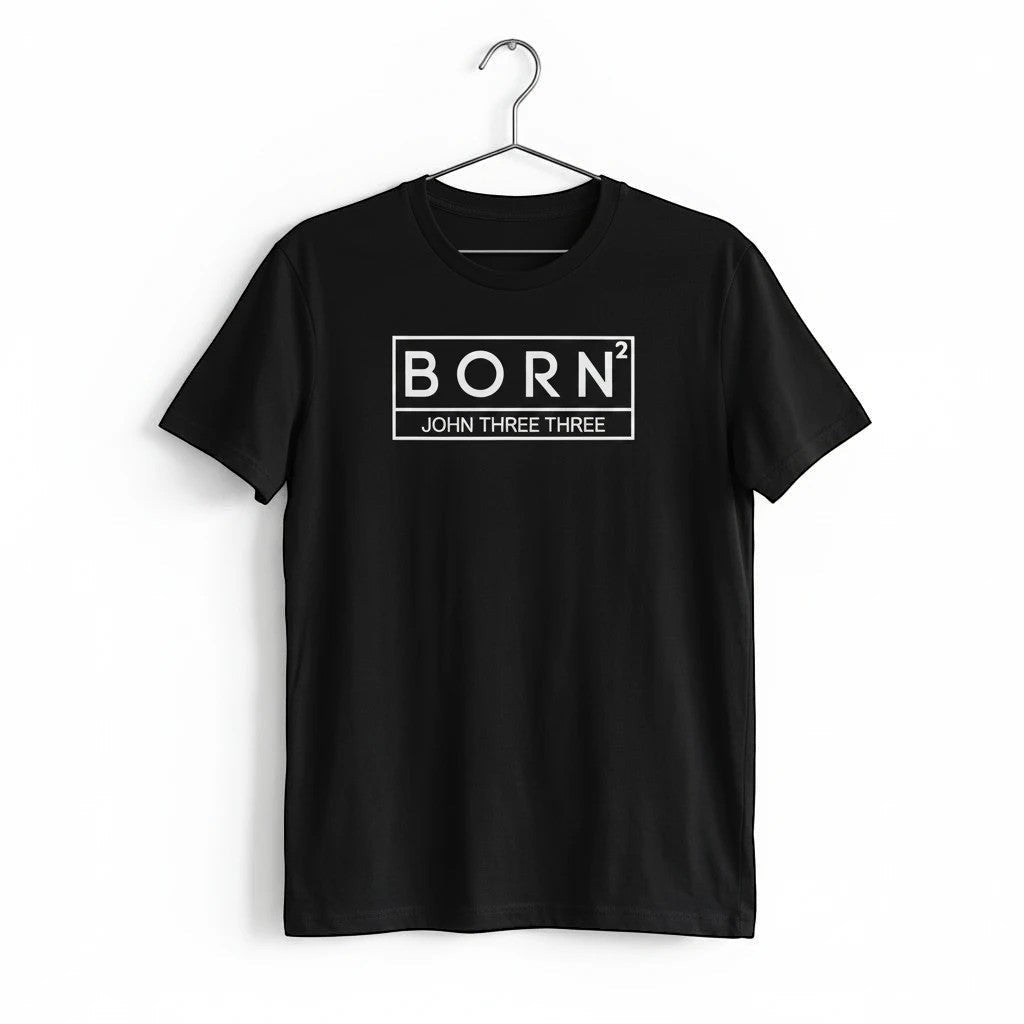 Crown N Thread black cotton graphic tee featuring a white minimalist BORN2 John Three Three boxed logo on a hanger.