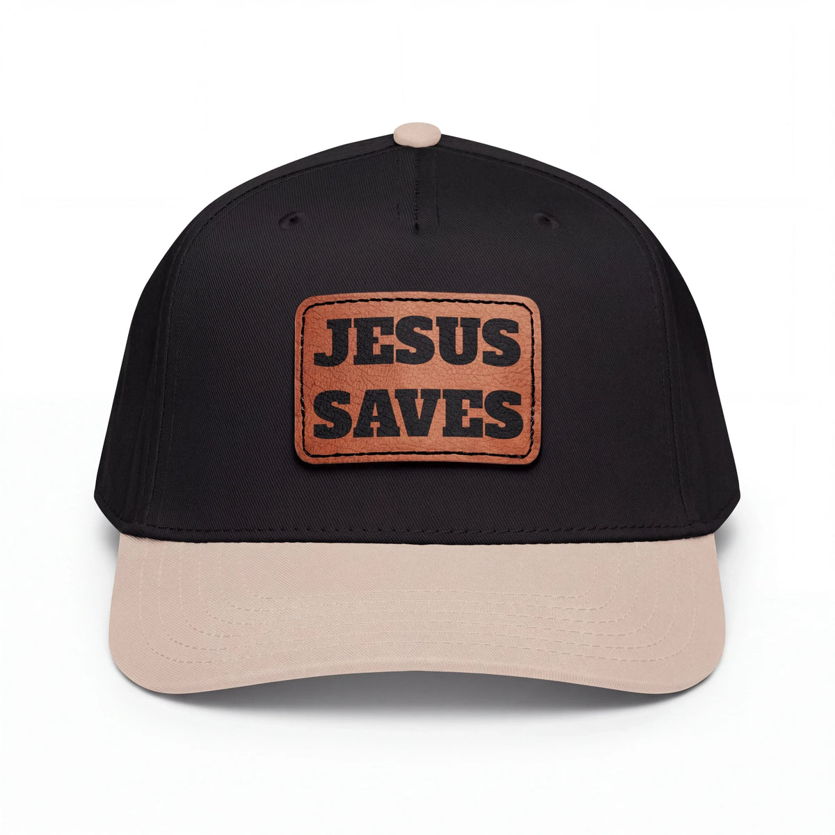 Crown N Thread baseball cap in black with a light brown vegan leather patch featuring the text Jesus Saves