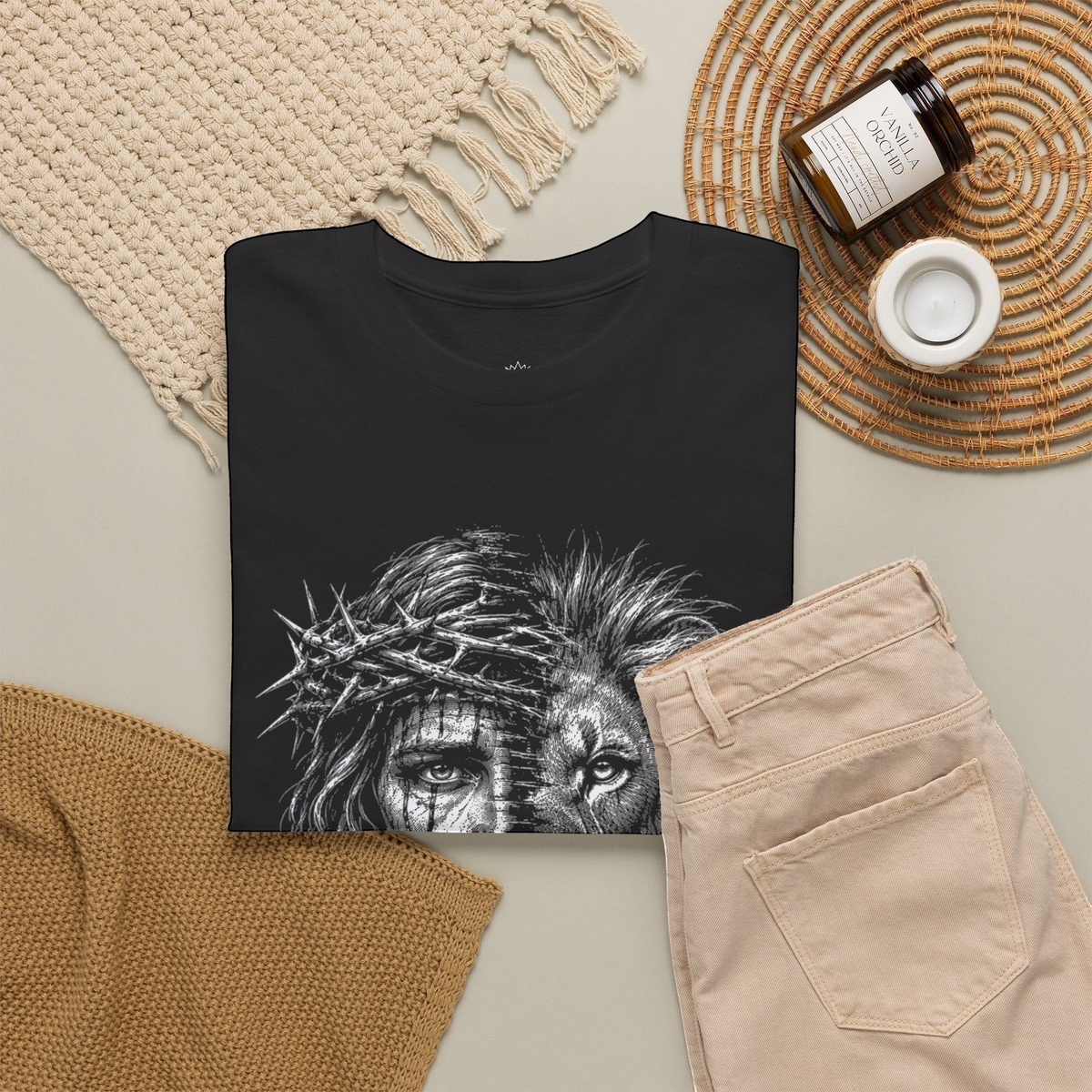Crown N Thread black cotton graphic t-shirt featuring a monochrome illustration of a human face and lion hybrid.
