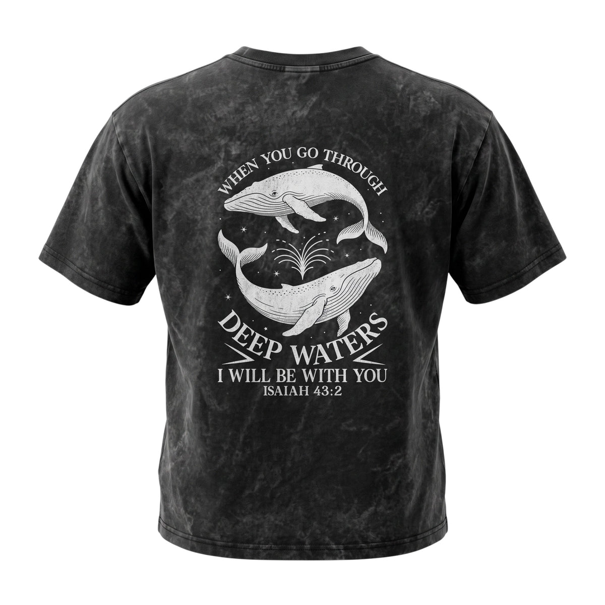 Crown N Thread mineral-washed black cotton crewneck t-shirt featuring a white whale graphic and Isaiah 43:2 scripture.