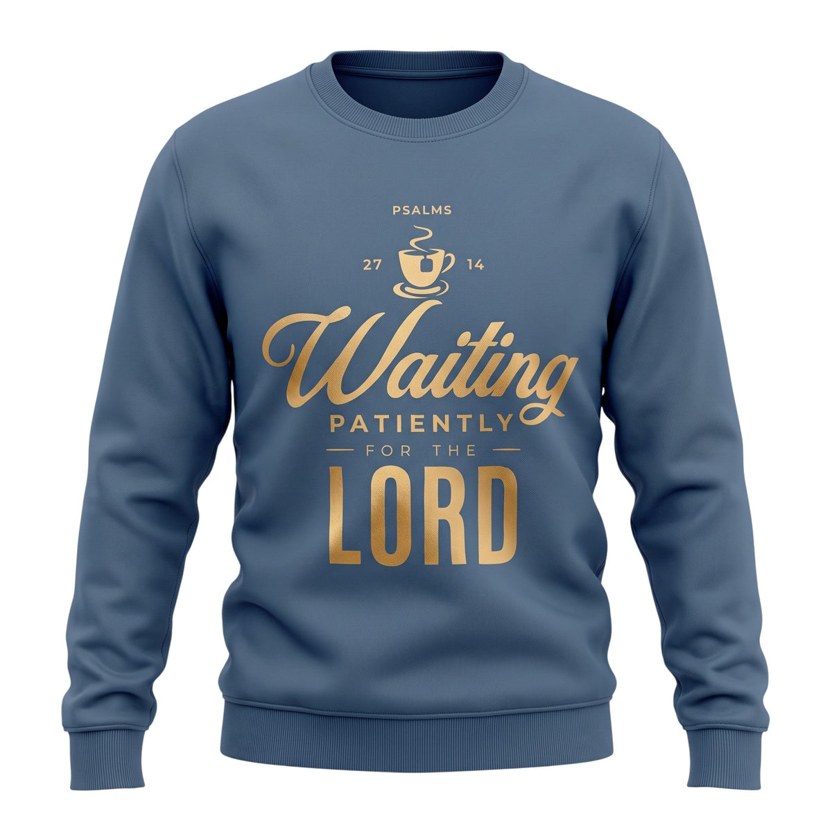 Crown N Thread blue crewneck sweatshirt featuring gold Waiting Patiently for the Lord typography and coffee icon