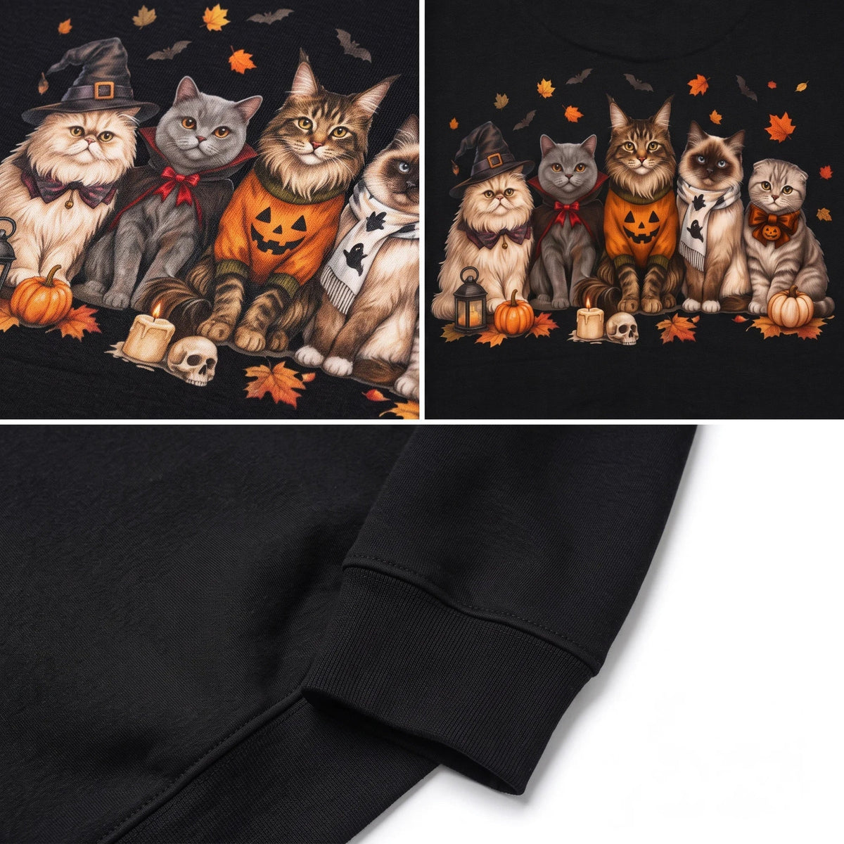 Crown N Thread black crewneck sweatshirt featuring an embroidered scene of five cats with pumpkins and autumn leaves.