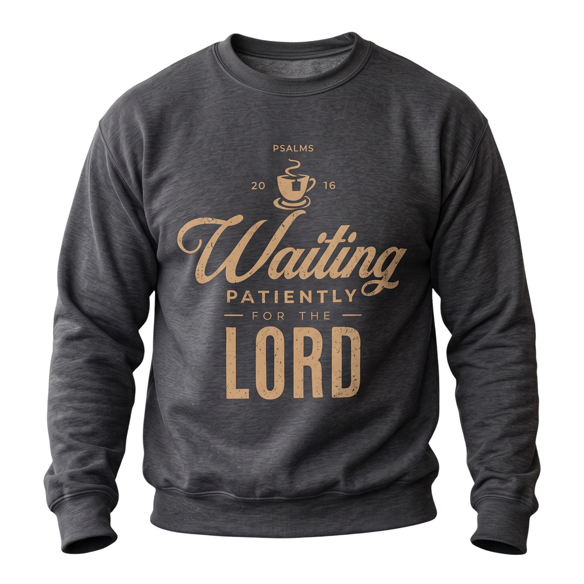 Crown N Thread charcoal grey crewneck sweatshirt with Waiting Patiently for the Lord parchment typography print.