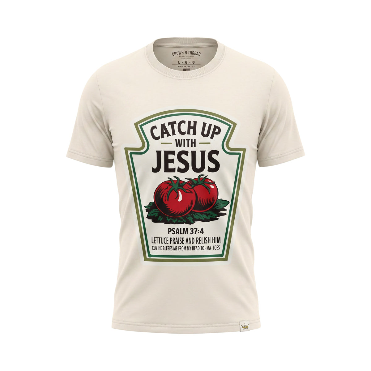 Crown N Thread cream heavyweight cotton t-shirt featuring a vintage tomato graphic and Catch Up With Jesus text.
