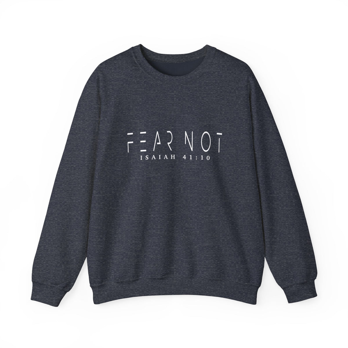 Crown N Thread dark heather grey crewneck sweatshirt with Fear Not Isaiah 41:10 white embroidery on center chest