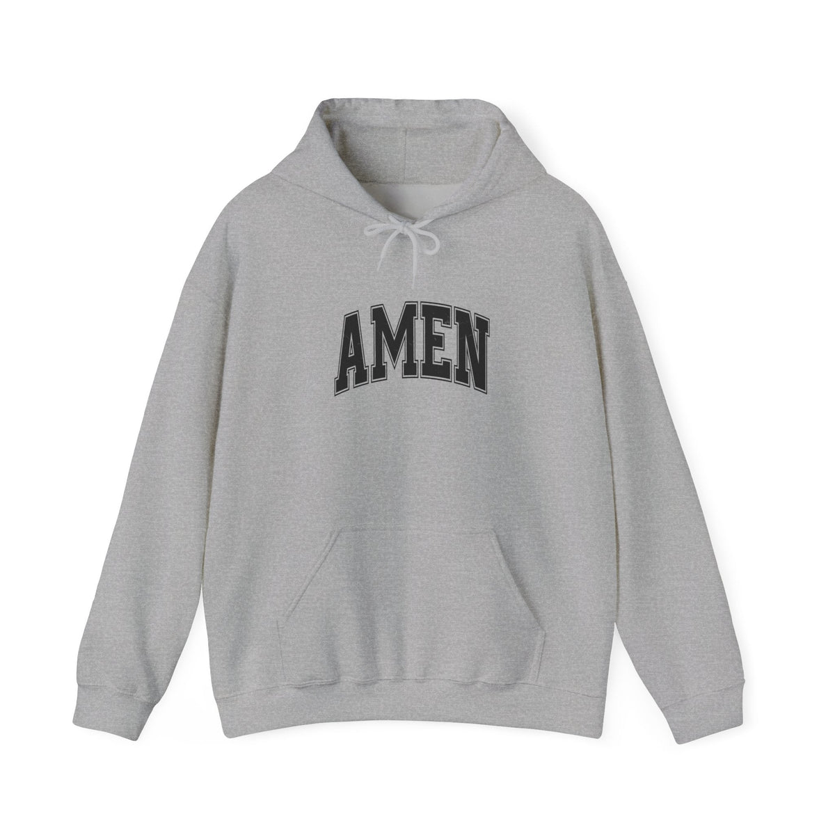 Crown N Thread grey cotton-poly hoodie with black collegiate AMEN script, double-lined hood, and kangaroo pocket.