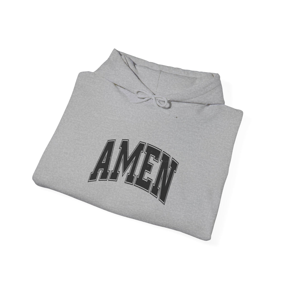 Crown N Thread grey cotton-poly hoodie with black collegiate AMEN script lettering folded on a white background.