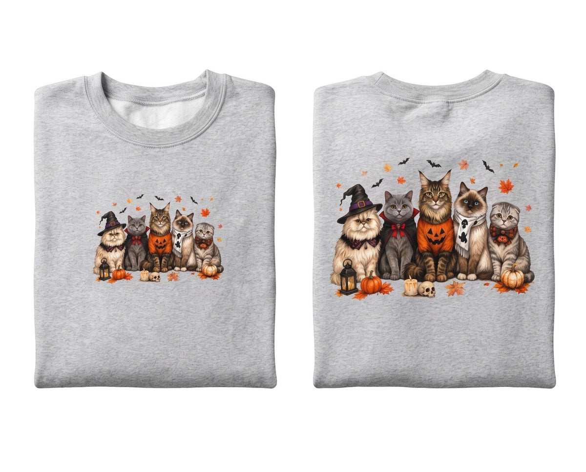 Crown N Thread grey crewneck sweatshirt featuring an embroidered group of cats in Halloween costumes with pumpkins.