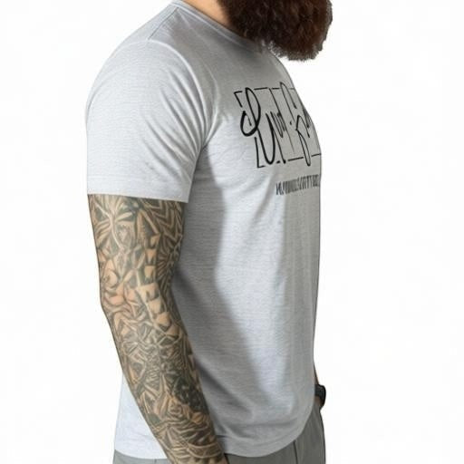 Crown N Thread grey crew-neck cotton t-shirt with black hand-lettered chest graphic worn by a bearded man