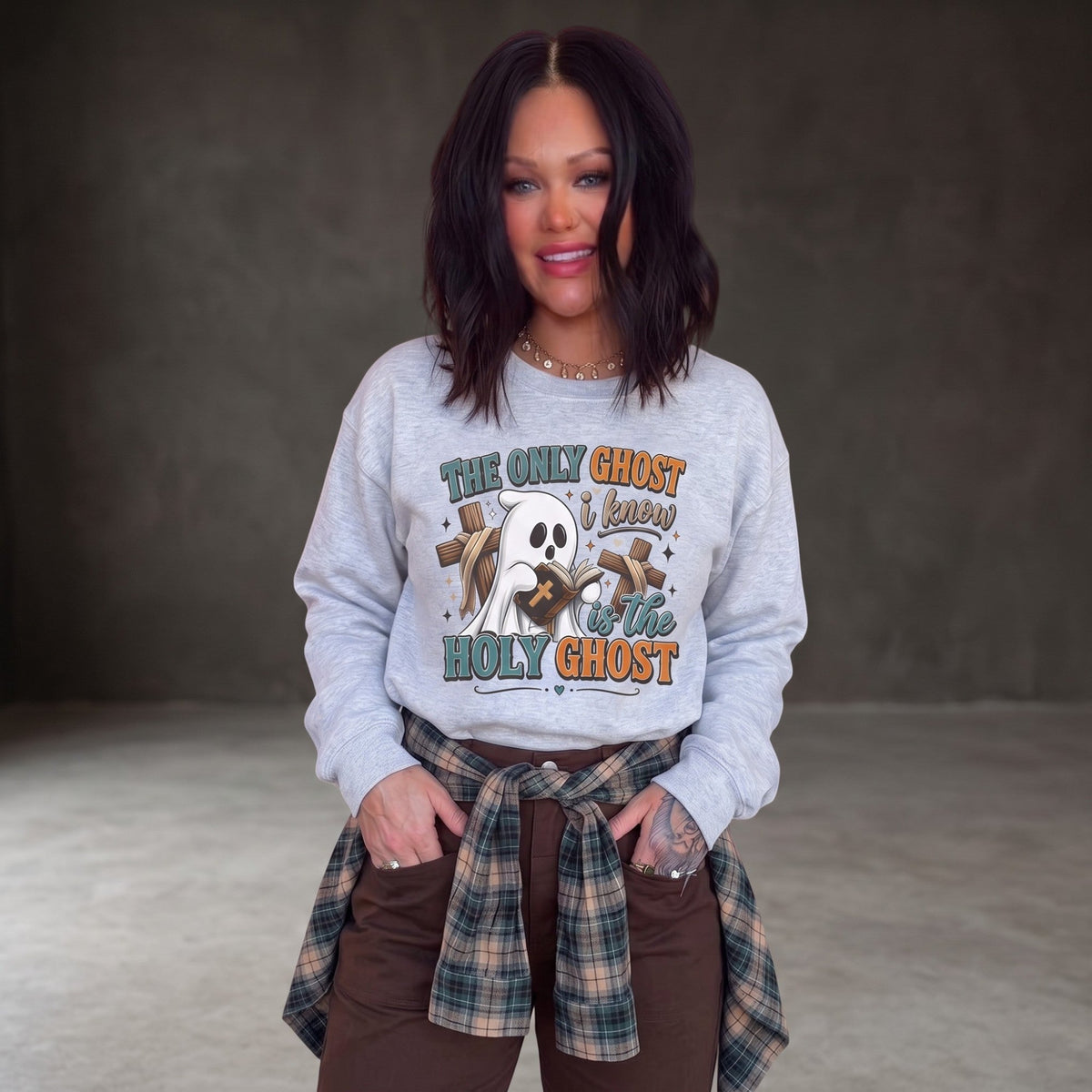Crown N Thread grey crewneck sweatshirt featuring a cute ghost graphic with a Bible and cross for faith-based style.