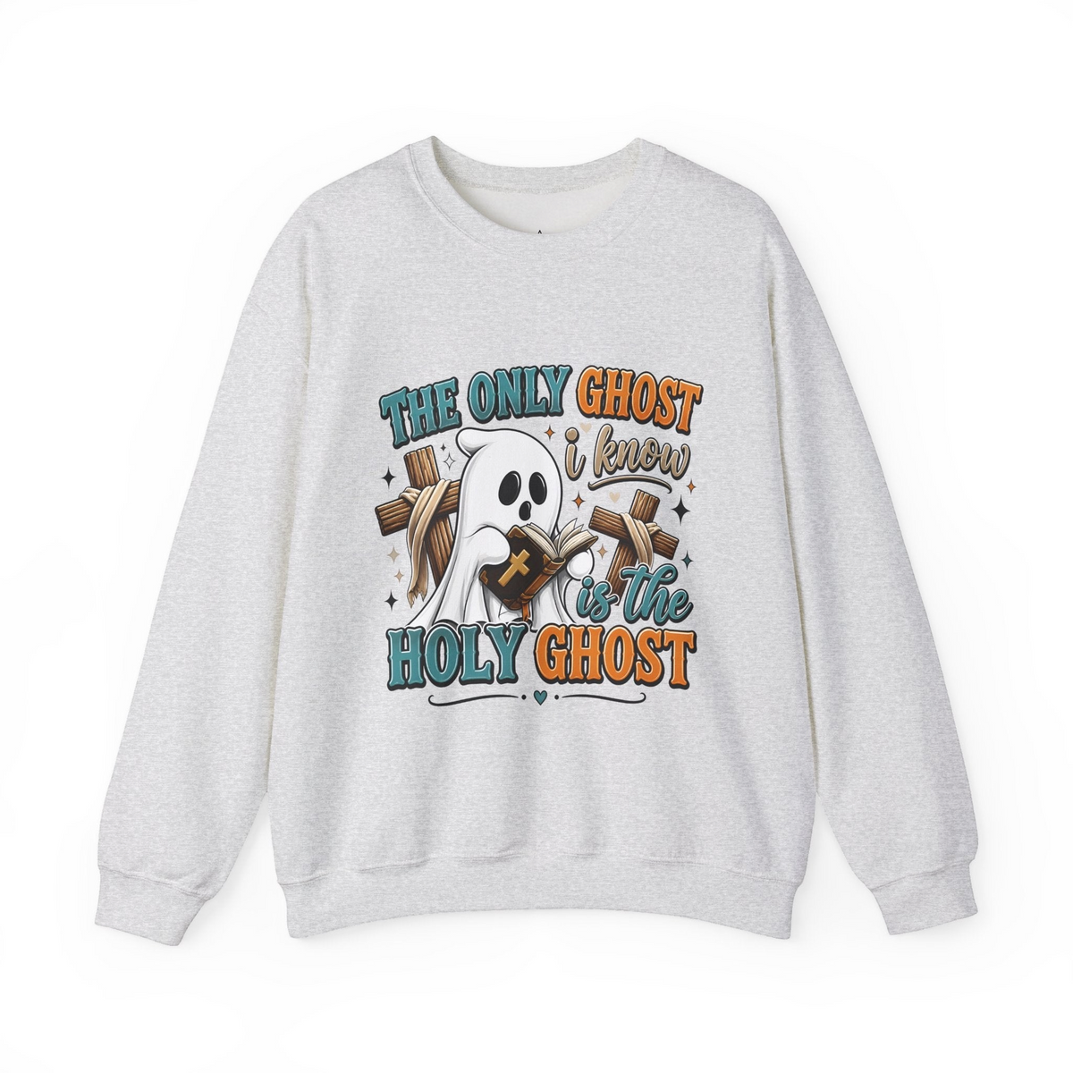 Crown N Thread grey crewneck sweatshirt featuring a cute ghost reading a Bible with cross accents and faith text.