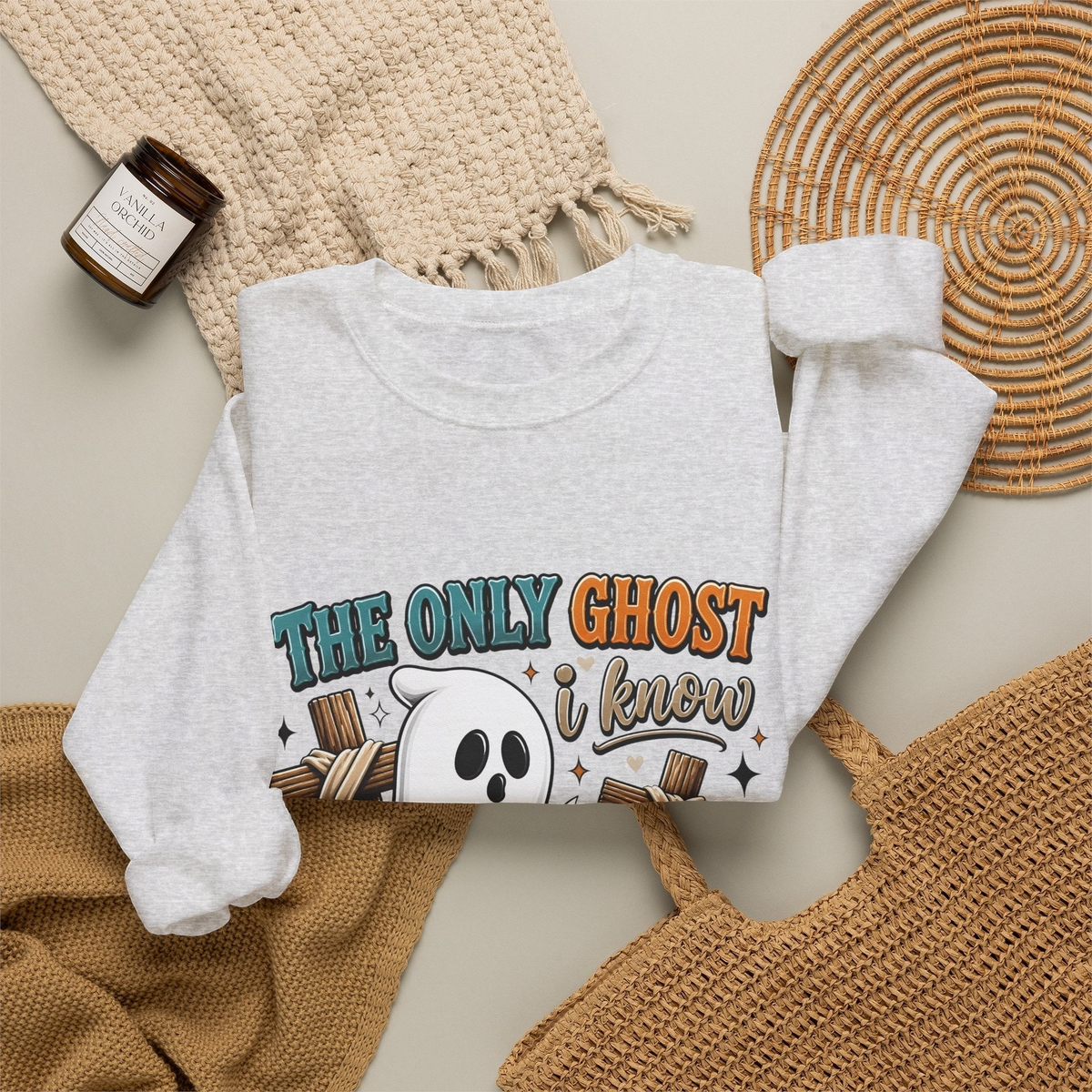 Crown N Thread light grey crewneck sweatshirt with a cute ghost graphic and faith-inspired text on a neutral background