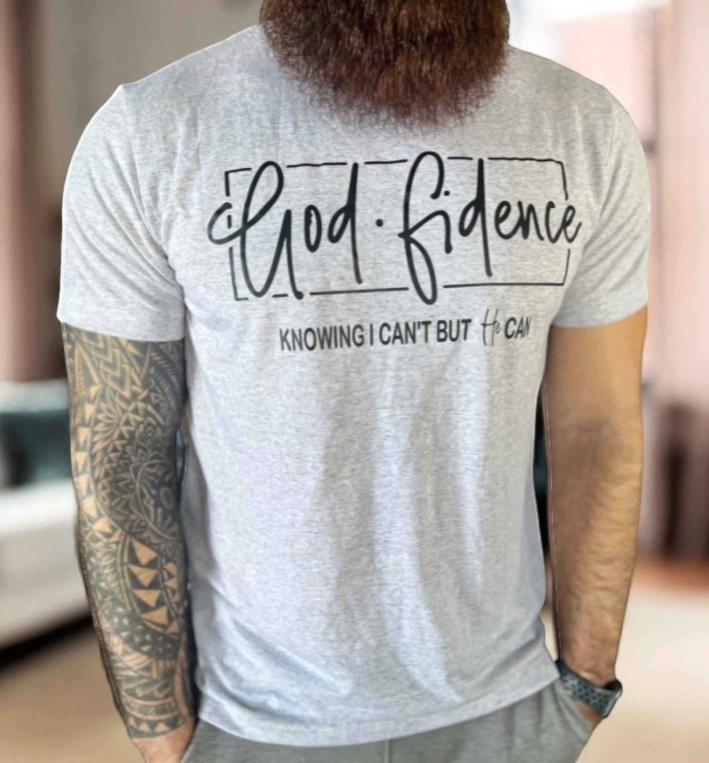 Crown N Thread grey cotton crew-neck t-shirt with black GodFidence script lettering worn by a tattooed man
