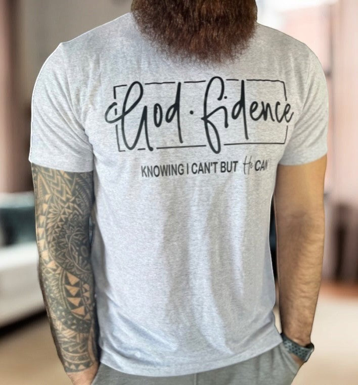 Crown N Thread grey cotton crew-neck t-shirt with black hand-lettered GodFidence graphic worn by a bearded man.