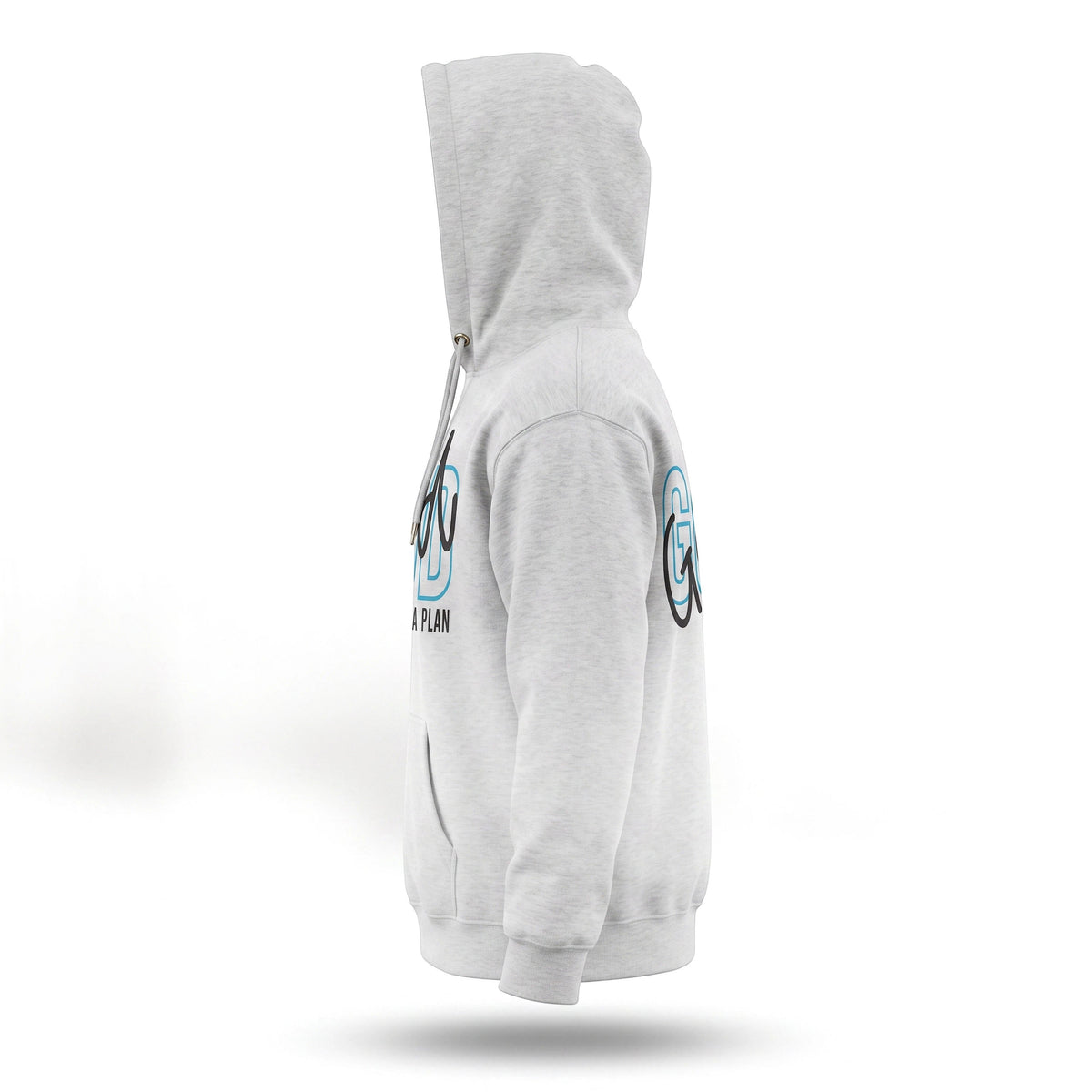 Side view of a Crown N Thread heather grey pullover hoodie with God Has a Plan graphic and drawstring hood