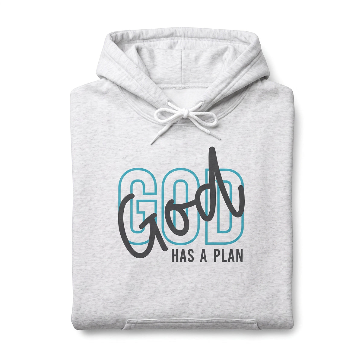 Crown N Thread heather grey pullover hoodie featuring a God Has a Plan graphic in blue and black text.
