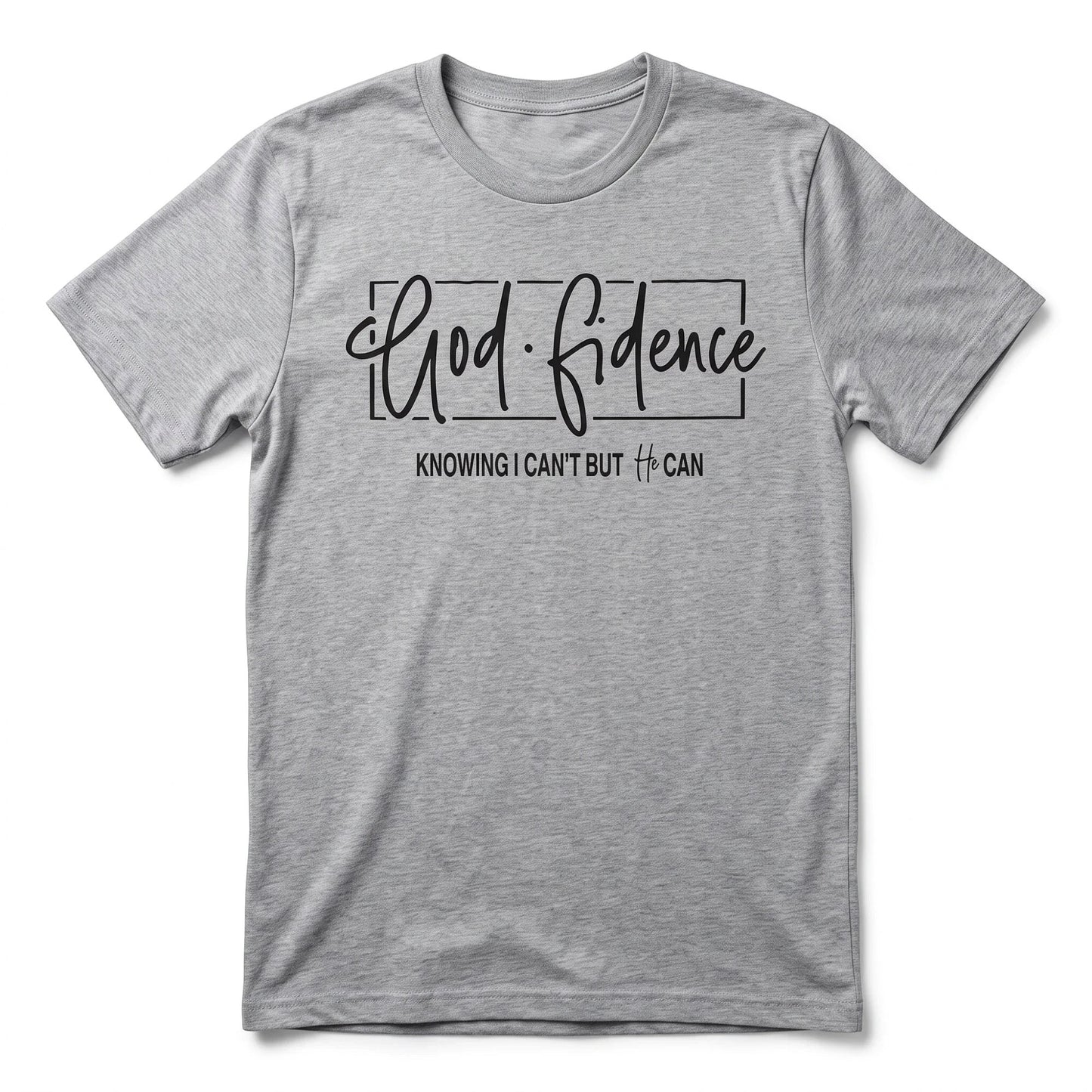 Crown N Thread grey cotton crew-neck t-shirt featuring black hand-lettered GodFidence inspirational text on the chest.