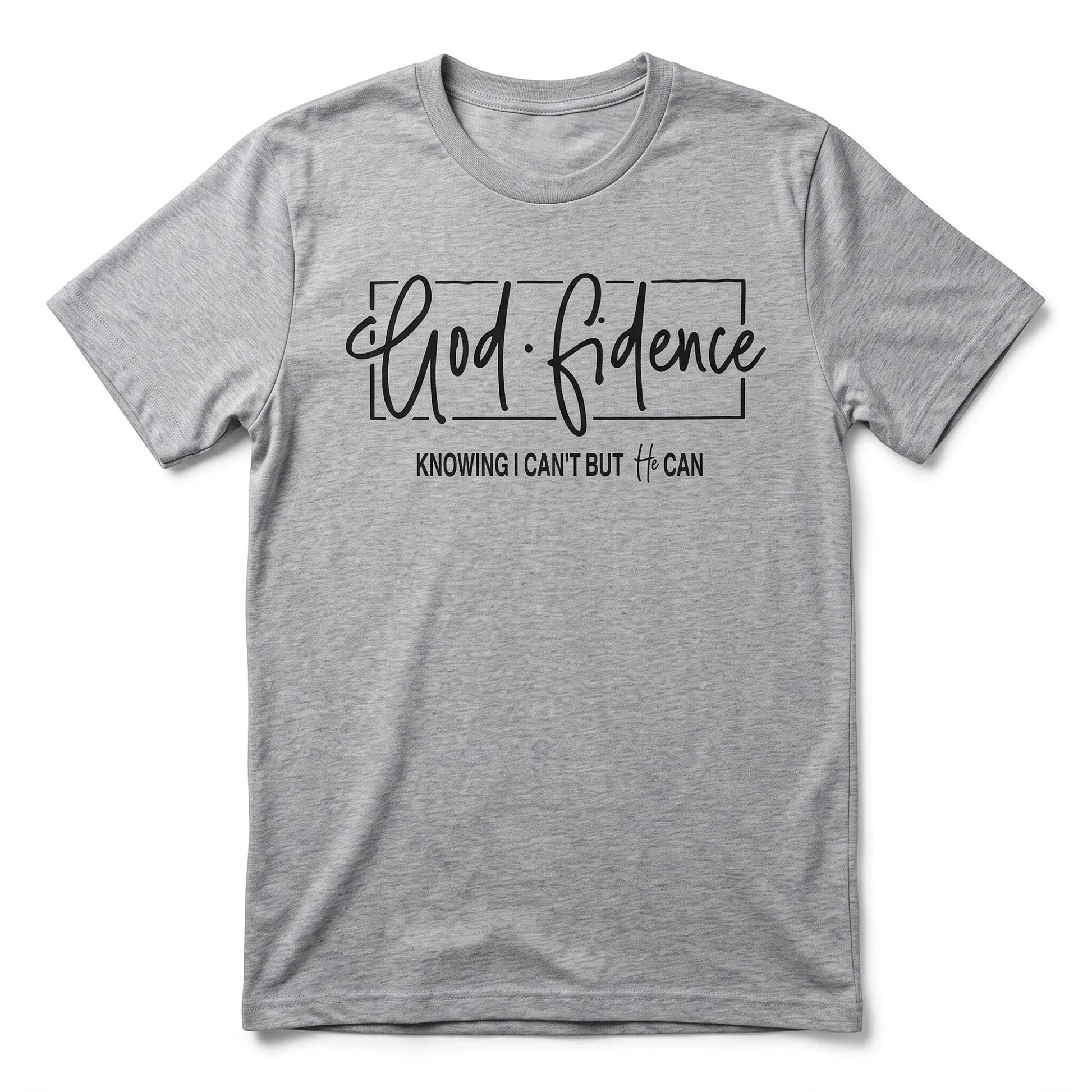 Crown N Thread grey cotton crew-neck t-shirt featuring black hand-lettered GodFidence inspirational text on the chest.