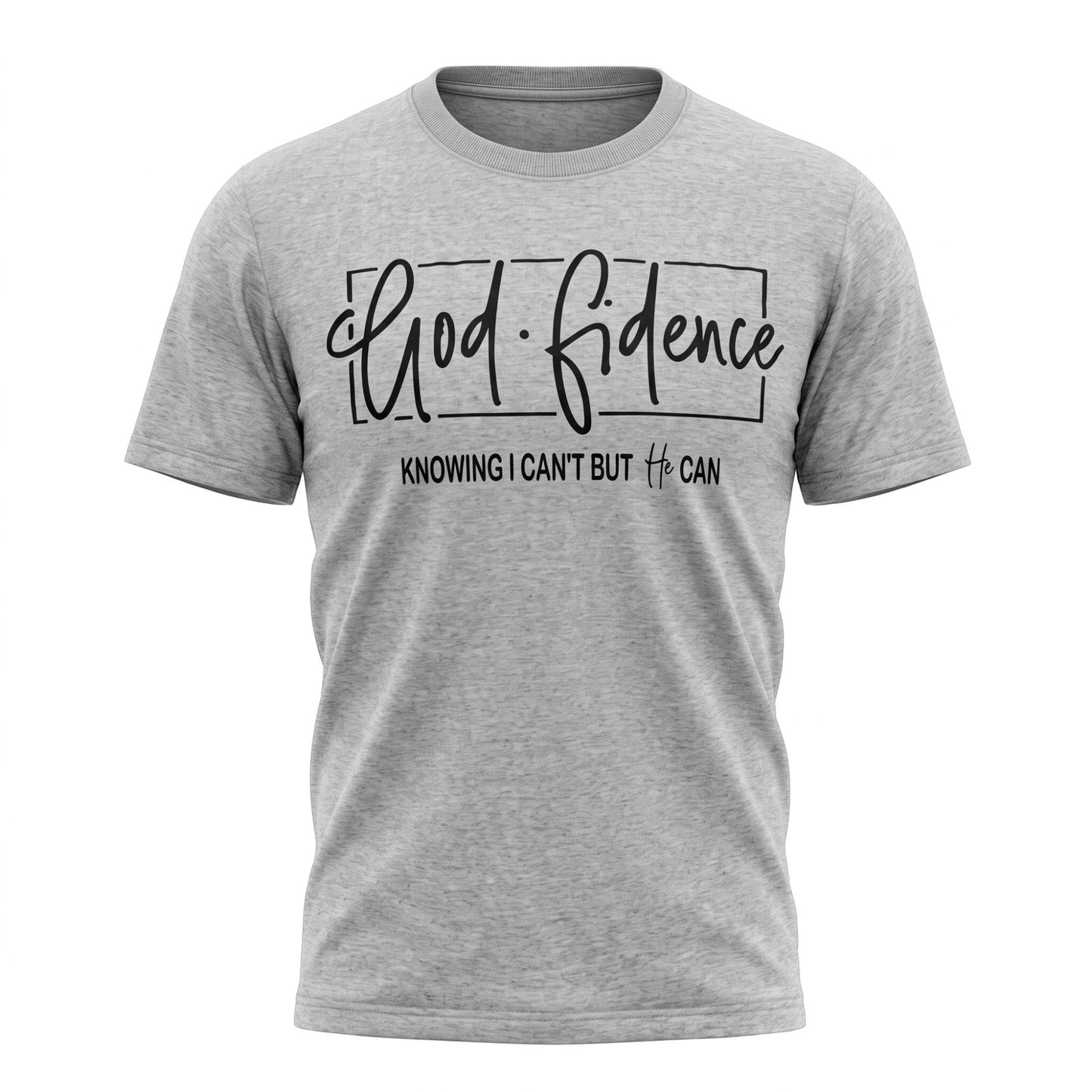 Crown N Thread grey cotton crew-neck t-shirt featuring black hand-lettered GodFidence inspirational text on the chest.