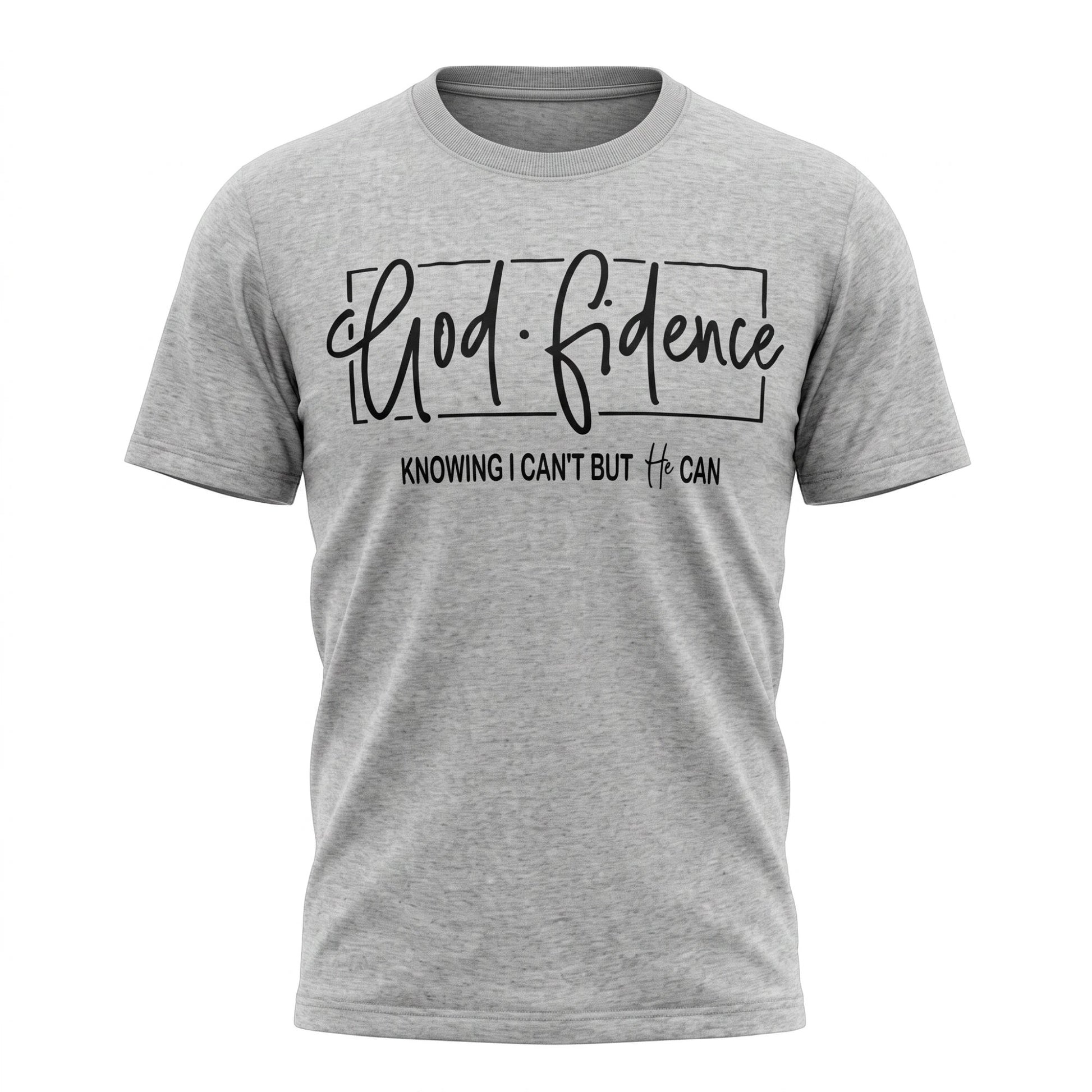 Crown N Thread grey cotton crew-neck t-shirt featuring black hand-lettered GodFidence inspirational text on the chest.