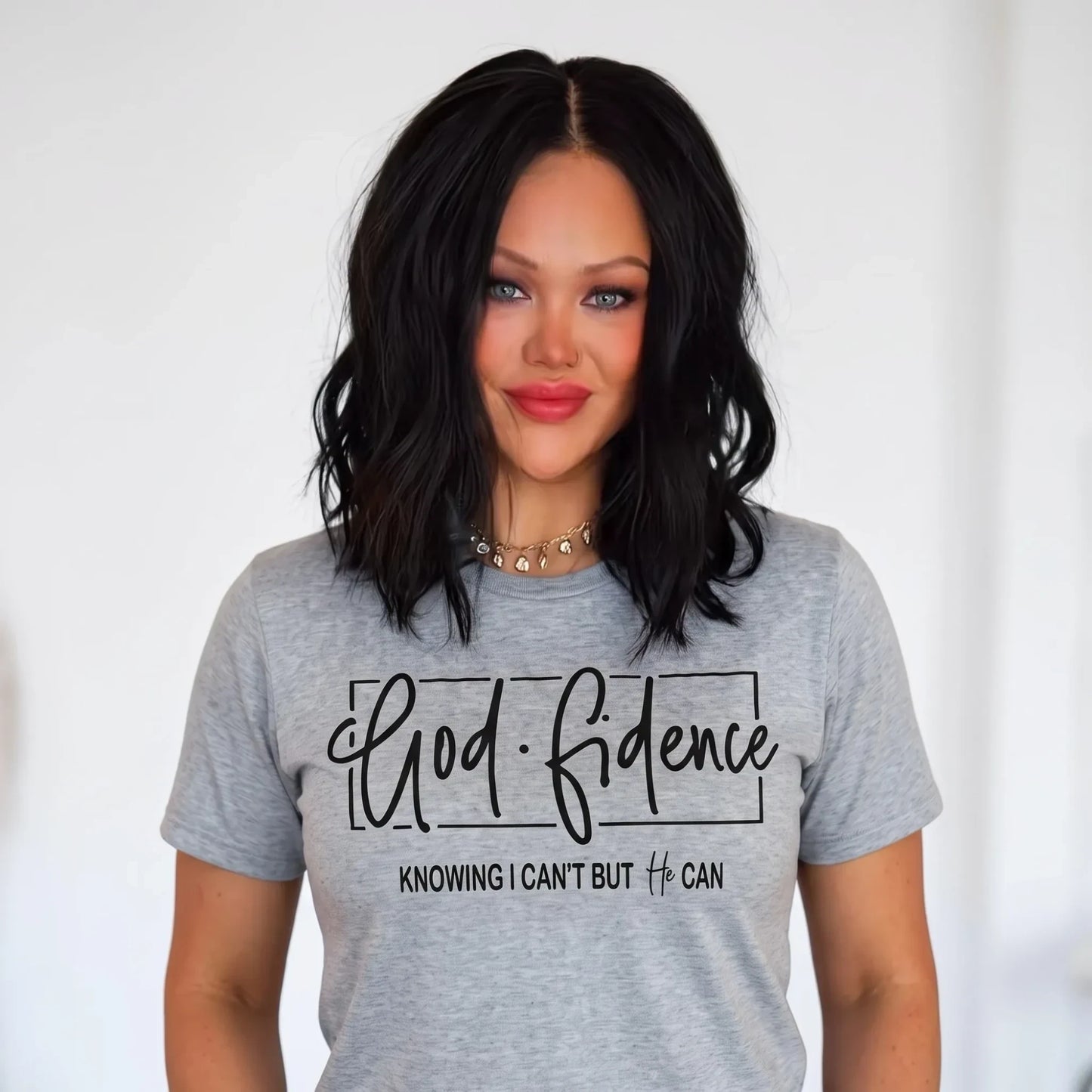 Crown N Thread grey cotton crew-neck t-shirt featuring black hand-lettered GodFidence inspirational Christian text.