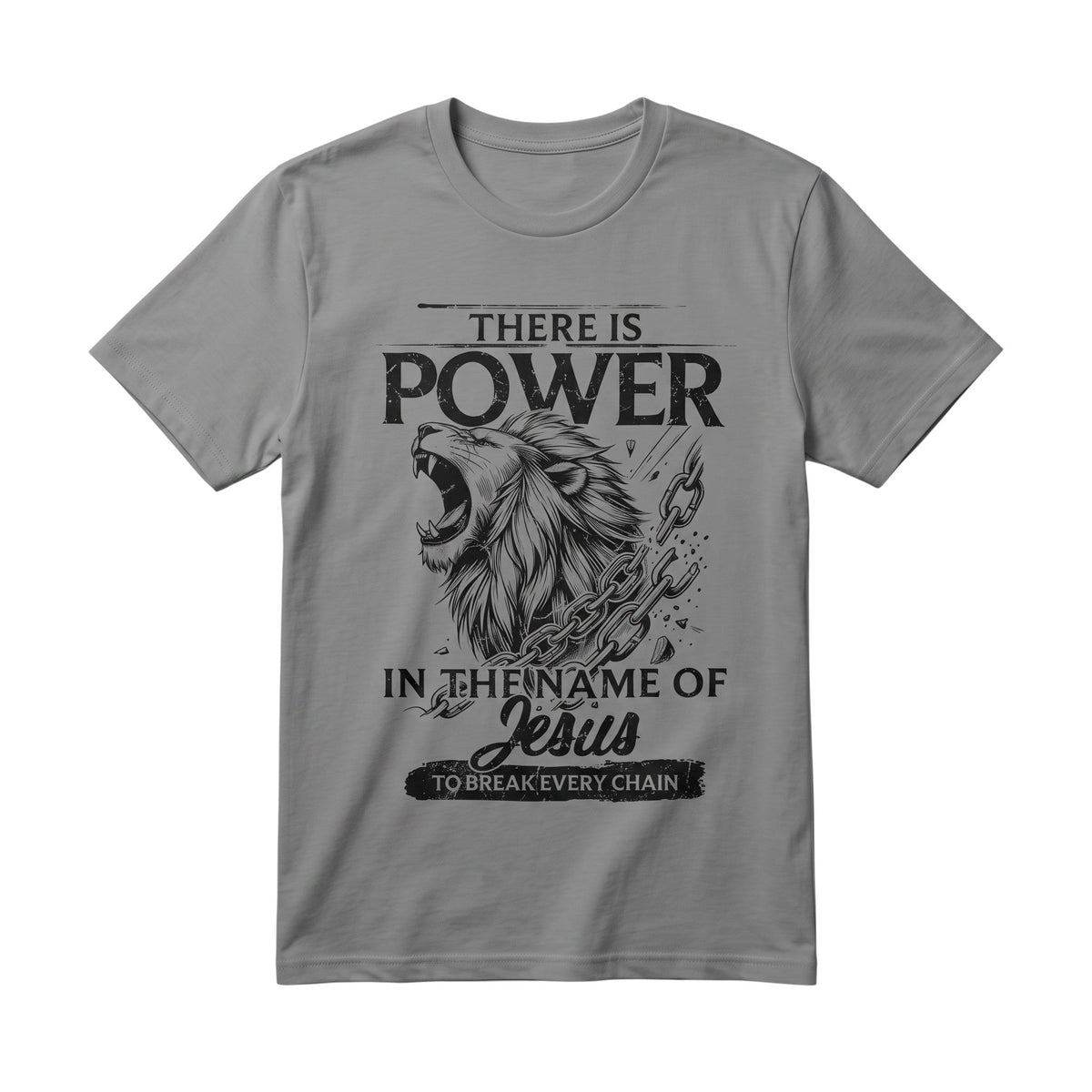 Crown N Thread grey heavyweight cotton t-shirt featuring a roaring lion graphic and religious text in vintage style.
