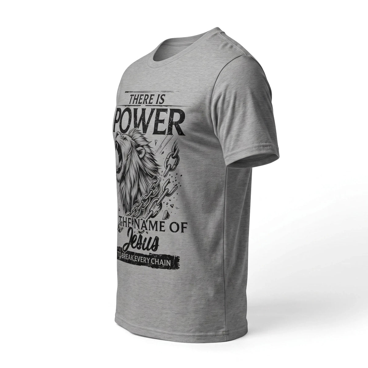 Crown N Thread grey heavyweight cotton t-shirt featuring a lion illustration and There Is Power in the Name of Jesus