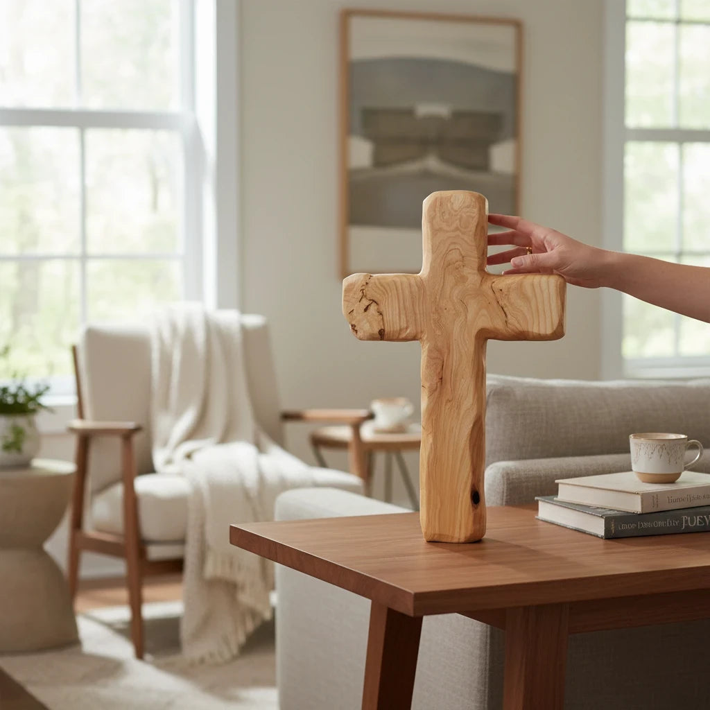 Crown N Thread handcrafted natural wood wall cross with visible grain and knots, displayed on a rustic wooden table.