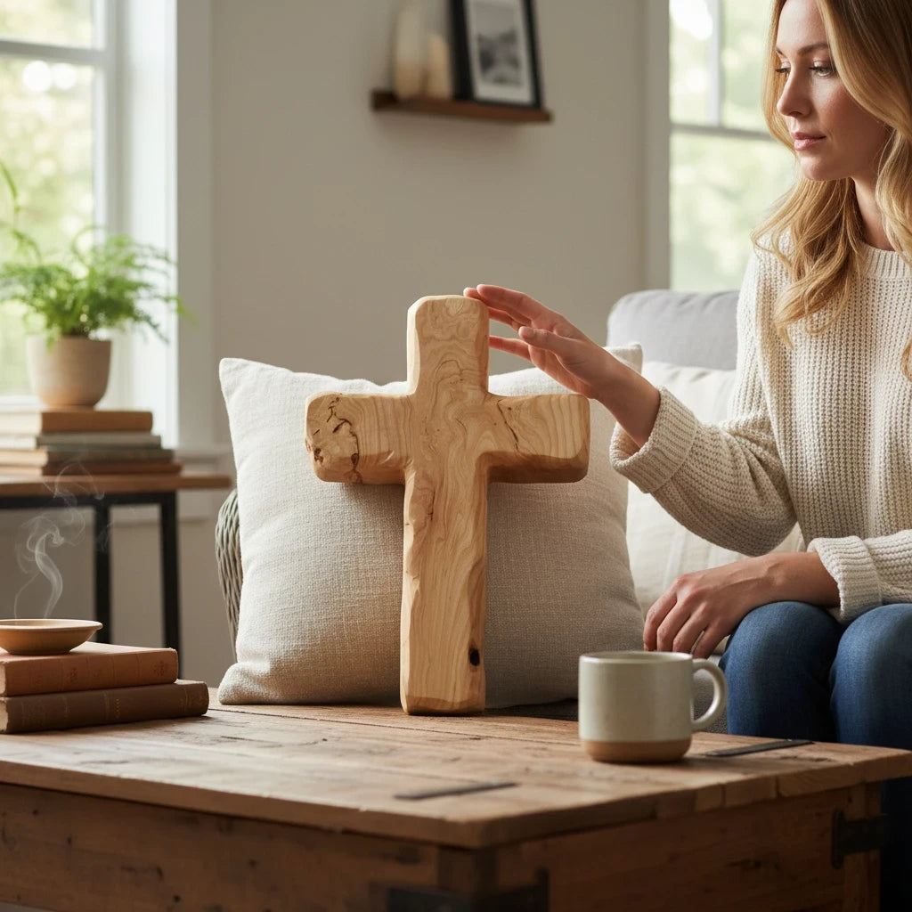 A woman touching a Crown N Thread handcrafted natural wood wall cross with visible grain on a rustic coffee table.