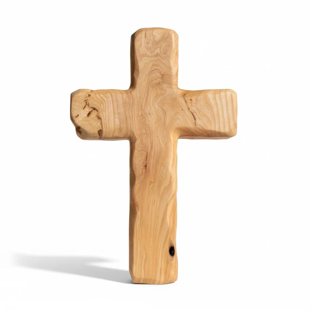 Crown N Thread handcrafted natural wood wall cross with visible grain and rustic texture on a white background