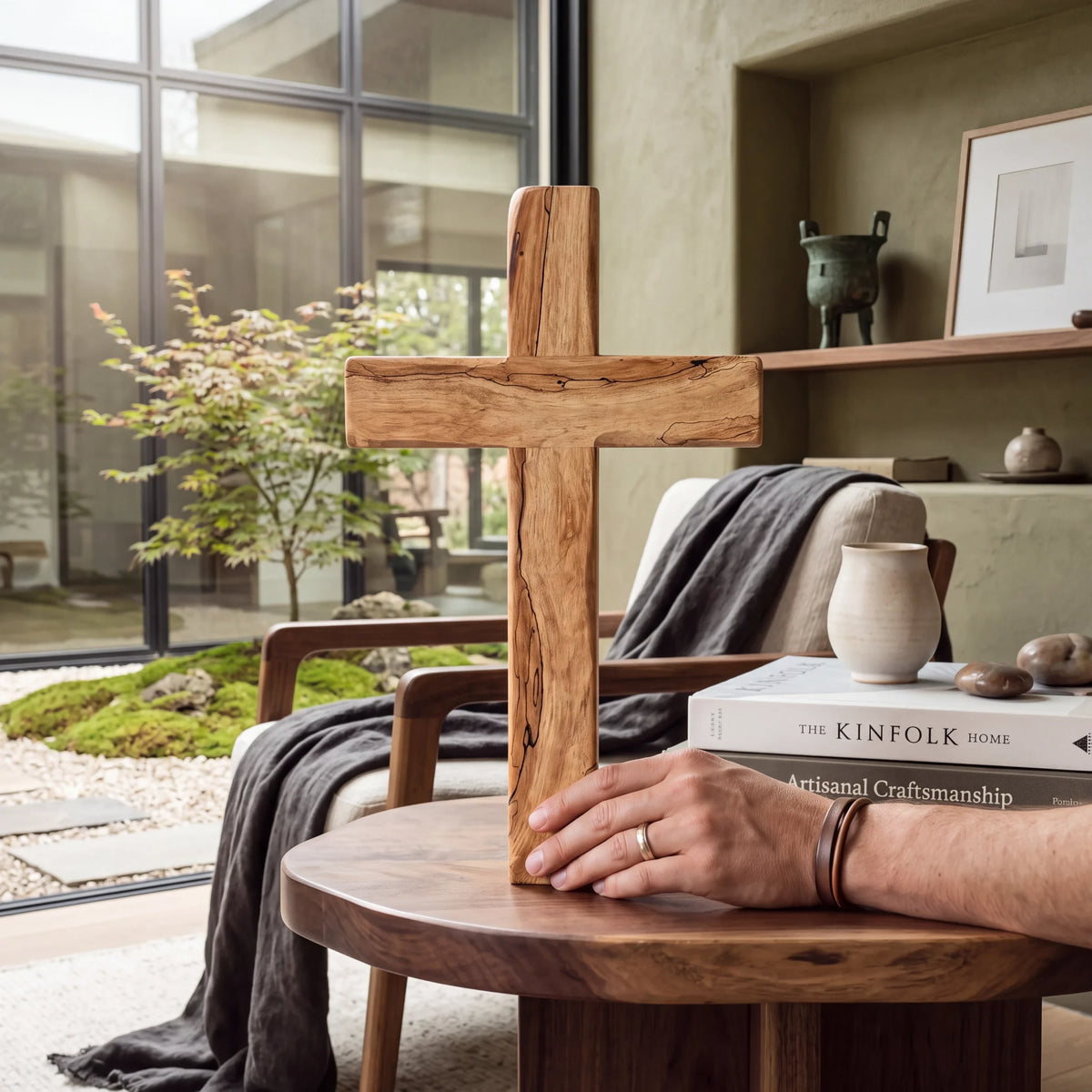 Crown N Thread handcrafted rustic wooden cross wall hanging with natural wood grain texture on a round wooden table