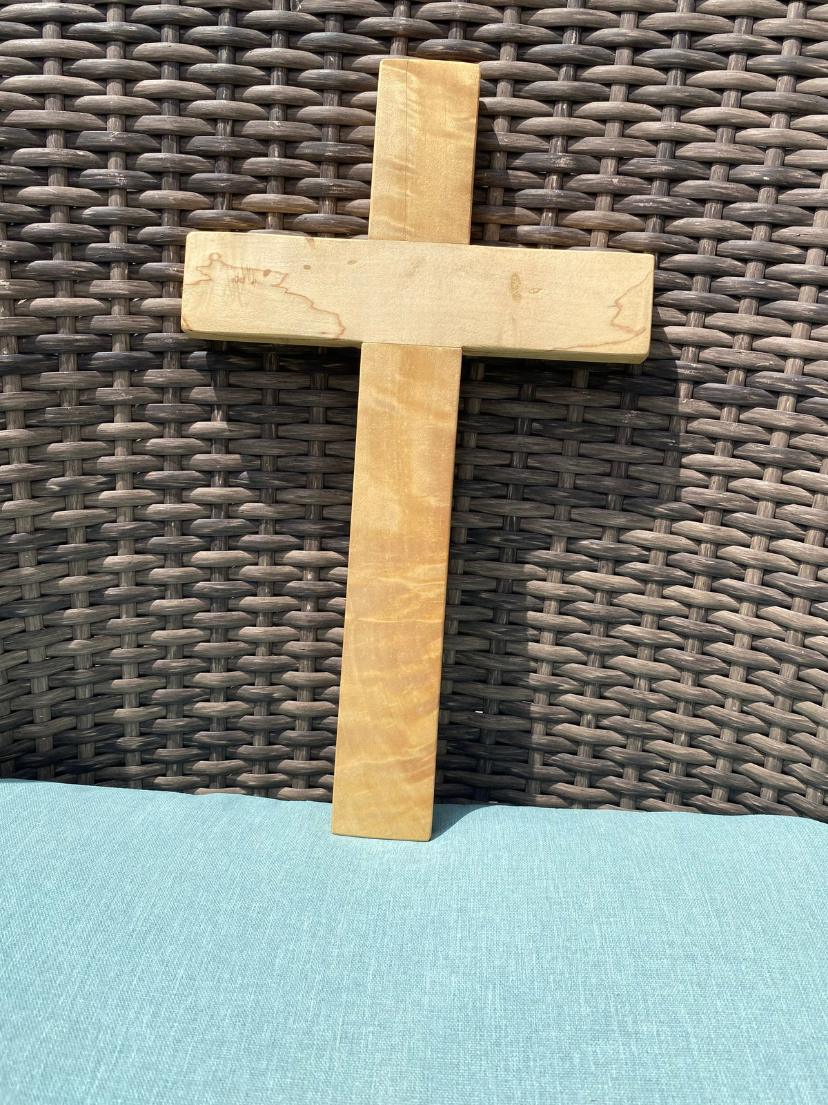 Crown N Thread handcrafted light wood wall hanging cross with natural grain patterns for baptism or wedding gift