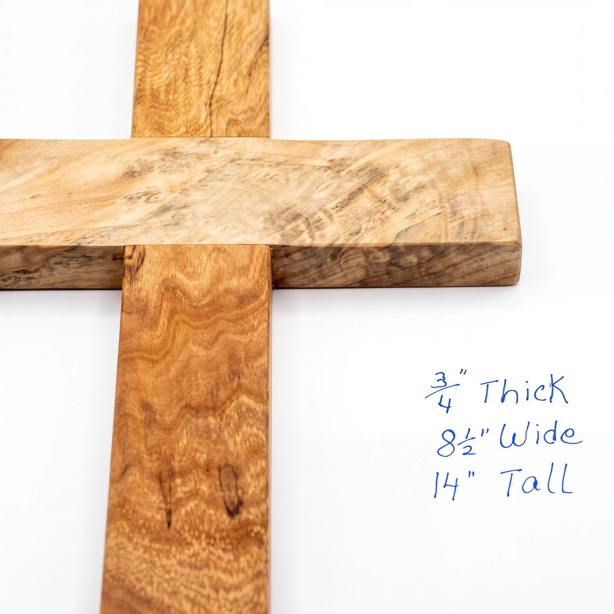 Crown N Thread handcrafted wooden wall hanging cross with natural wood grain texture and dimensions written on side
