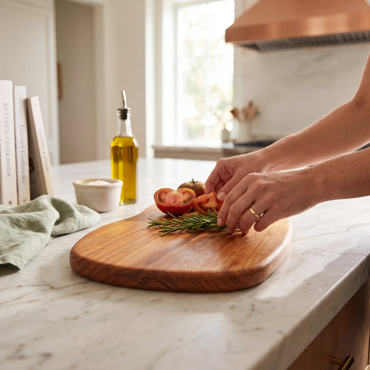 Crown N Thread handmade wooden charcuterie board on a marble kitchen counter with fresh tomatoes and rosemary