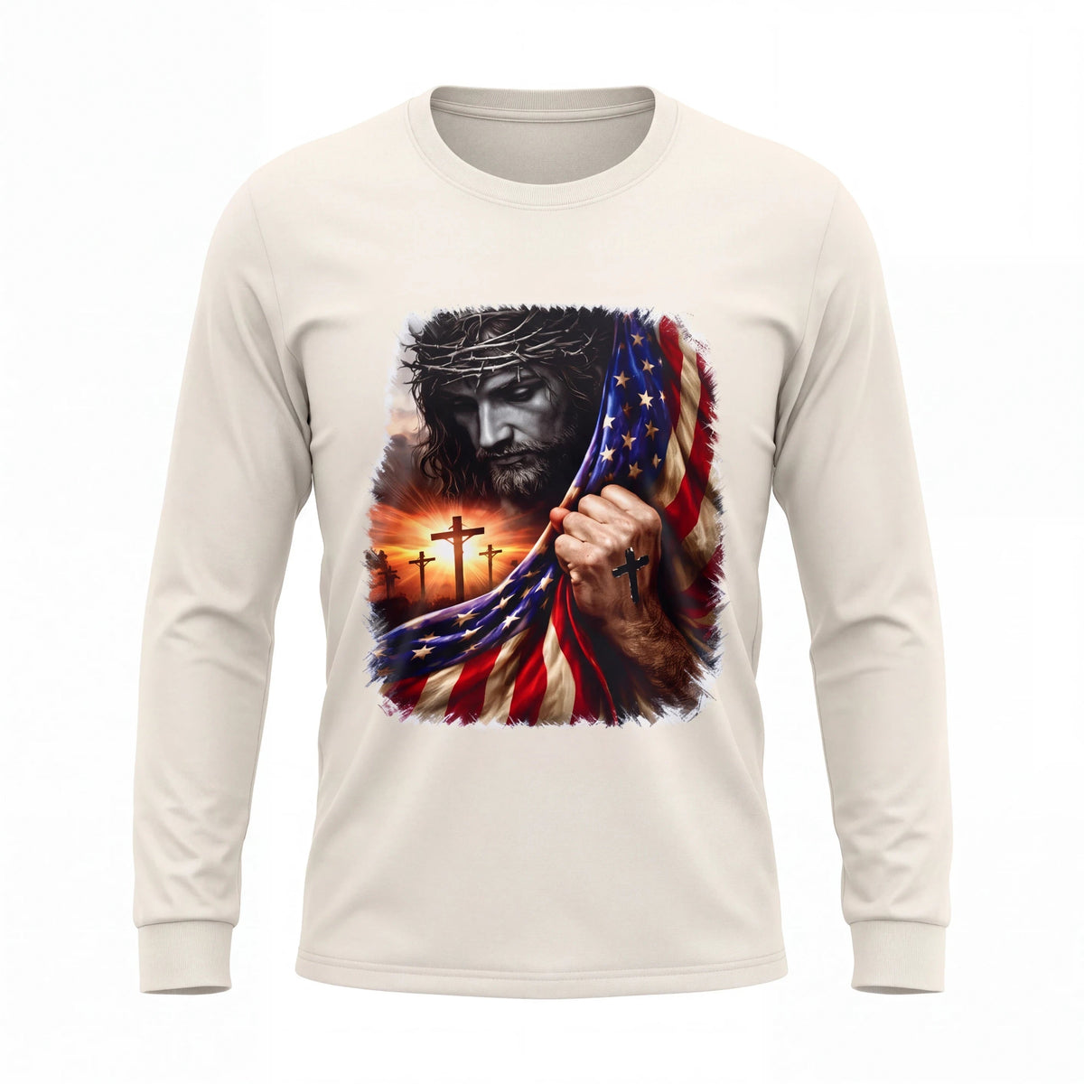 Crown N Thread off-white long-sleeve cotton tee featuring a Jesus and American flag graphic with three crosses.