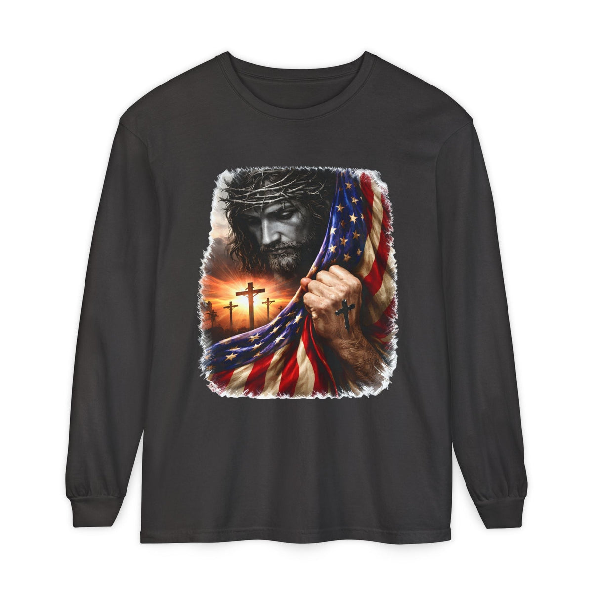 Crown N Thread black long sleeve cotton tee featuring a graphic of Jesus with an American flag and three crosses.