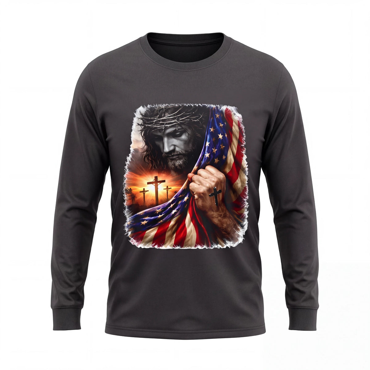 Crown N Thread charcoal long sleeve tee featuring a graphic of Jesus, three crosses, and an American flag at sunset.