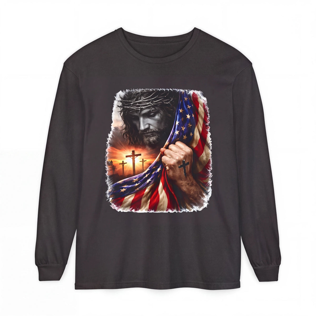 Crown N Thread black long sleeve cotton tee featuring a graphic of Jesus, three crosses, and an American flag.