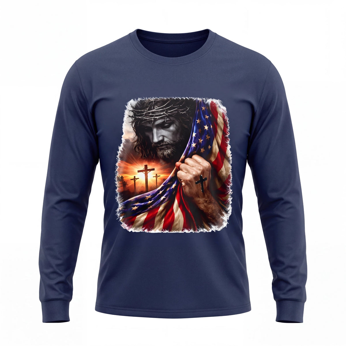Crown N Thread navy long sleeve cotton tee featuring a graphic of Jesus, three crosses, and an American flag at sunset.